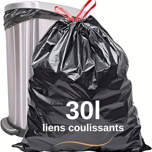 SANY Sacs poubelles 30l lien coulissant | Lot de 100 Sacs Noirs | 100% Recyclable | Forte Résistance | 23 microns