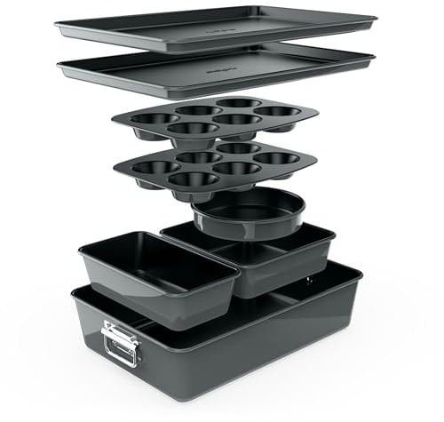 NutriChef Baking Tray Set, Stackable Bakeware Trays, Smart Space Stacking Baking Trays, 8 Pcs Non-Stick Oven Safe Baking Sets w/ Cookie, Loaf Pan, Pizza Pan, Muffin Tins, Cake Tin, Round/Square Pans