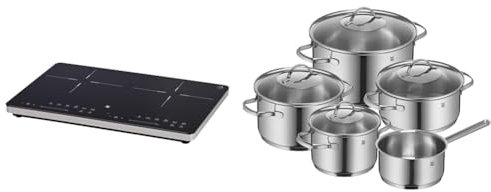 WMF Kult X Doppel- Induktionskochfeld, Kochplatte bis 28 cm, 3500 W & Provence Plus Topfset Induktion 5-teilig, Kochtopf Set mit Glasdeckel, Cromargan Edelstahl poliert, Töpfe Set unbeschichtet