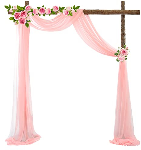 Surakey Hochzeit Vorhang Rosa Hochzeitsbogen,Querbehang Weiß Tüll Foto Hintergrund Hochzeit Vorhang Deko, Party Hintergrund Vorhang Panels, Zeremonie Bühnenempfang Dekoration für Geburtstag Taufe