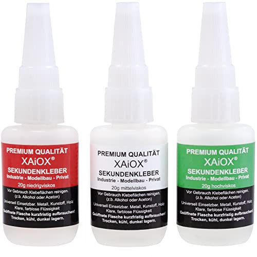 Sekundenkleber 3er Set dünnflüssig Mittelflüssig Dickflüssig - GEL extra stark für Plastik und andere Materialien 20g - wasserfest und hitzebeständig
