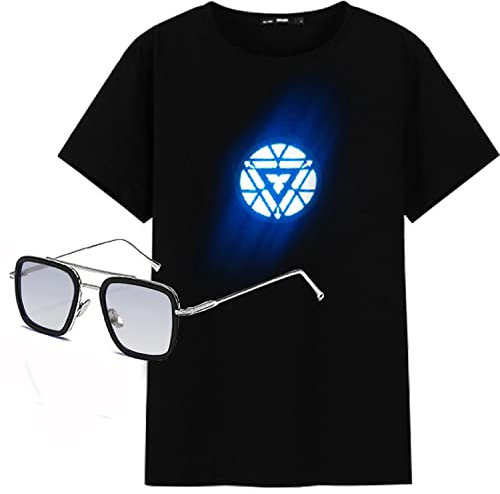 Arc Reactor T-Shirt with Tony Stark Sunglasses, Illuminate T-Shirt Iron Man Heart Reactor Cosplay Novelty Costume Stark (M) Black