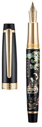 Hongdian 231 Chinese Classical Fountain Pen, Iridum Fine Gold Nib with Chinese Painting Design, Smooth Writing Pen with Ink Converter and Metal Pen Box Set