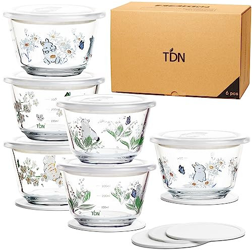 TDN Frischhaltedose glas, Katze 18 Teile Vorratsdosen mit deckel, meal prep boxen glas für Ofen, Spülmaschinen, Mikrowellen & Gefrierschrankfreundlich, Brotdose, Glasschüssel, BPA frei, 480ML