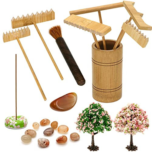 Zen Garden Rake Accessories - Miniature Tabletop Zen Garden Tools w/Bamboo Rakes Holder Japanese Meditation Rock Sand Garden Kits Set for Birthday Zen Gifts Zen Room Decor