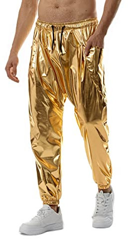 NewL Gold Silver Metallic Shiny Sweatpants Male Party Nightclub DJ Rock Hip Hop Pants Fashion Fit Straight Leg Trousers (as8, Alpha, l, Regular, Regular, Gold)
