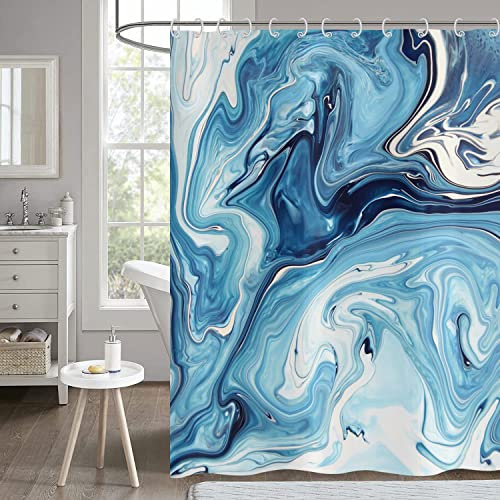 Hnmdmyi Tenda da doccia Marmo 180x200, Tenda da doccia blu astratta moderna di lusso arte acquerello Decorativa Tenda da bagno impermeabile in poliestere tessuto lavabile Tenda da bagno con ganci