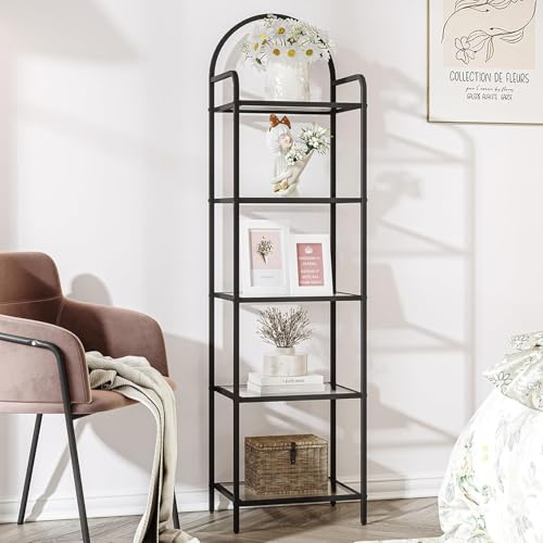 Hzuaneri Bibliothèque, Étagères en verre trempé, Meuble d'étagères mince pour Chambre, Salle de bain, Bureau à domicile, Cadre en acier, 5 niveaux Noir BC05001B