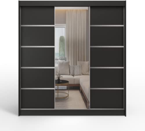 ML Furniture A6 Schiebetüren Kleiderschrank 250 cm mit Spiegel - Schlafzimmermöbel, Aufbewahrung - Mehrzweckschrank - Farbe: Schwarz - 3 Schiebetüren