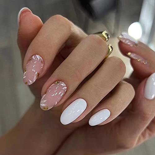 Ceboic 24 Stück Mandel Nägel Zum Aufkleben Kurz, Cute Blumen French Künstliche Nägel, Wiederverwendbare Oval Weiß Falsche Nägel Acryl Fingernägel Fake Nails Kit für Frauen und Mädchen