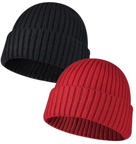 NLAND Unisex Retro Trawler Winter Beanie Hat Warme Wintermütze Damen Beanie Mütze Herren Strickmütze Weich und Leicht (Schwarz+Rot)