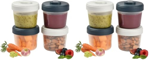 Béaba, Lot de 8 Portions Conservation Clip, Pots empilables et emboitables, 100% hermétique, Graduation, Zone marquage, Congélation, Conservation Lait Maternel (4x150ml) Gris/Bleu