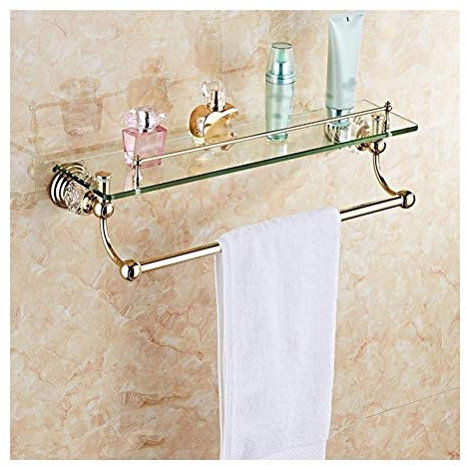 PHLCF Badezimmer-Wandregal aus Edelstahl, Gold, einzelnes Glas, mit Handtuchhalter, vergoldete Schrauben, Montage 61 cm/24 Zoll, Aufbewahrung (Größe: Gold mit Handtuchhalter)
