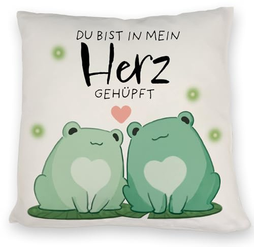 speecheese Frosch Kissen mit Spruch Du bist in Mein Herz gehüpft EIN niedliches DekoKissen für Pärchen Valentinstag Kawaii Comic süßes knuffiges Sofa KuschelKissen Bedruckt Paar Spruch