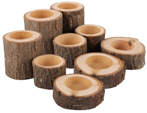 JMIATRY Juego de 9 Soportes Vela de Madera, Portavelas de Madera, Portavelas de Tocón de Árbol Natural para Halloween, Navidad, Día de San Valentín, Decoración del Hogar