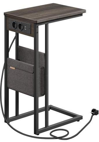 VASAGLE Beistelltisch, Sofatisch mit Ladestation, C Form, Couchtisch klein, Stofftasche, verstellbare Füße, Schlafzimmer, Wohnzimmer, 2 USB-Anschlüsse, 2 AC-Steckdosen, aschbraun LET356K02V1