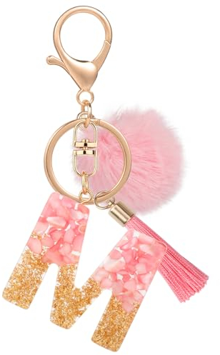 MWOOT Name Buchstabe M Schlüsselanhänger, Rosa Schlüsselband für Damen, Harz Schlüsselringe für Tür Auto Schlüssel Handtaschen Deko
