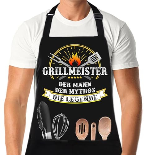 XCSJKJ Grillschürze für Männer Kochschürze Herren Schürze lustig, Grill schürze für Männer küchenschürze Herren personalisiert Grill Schürze mit 2 Taschen Grill Schürze (03-GRILLMEISTER)