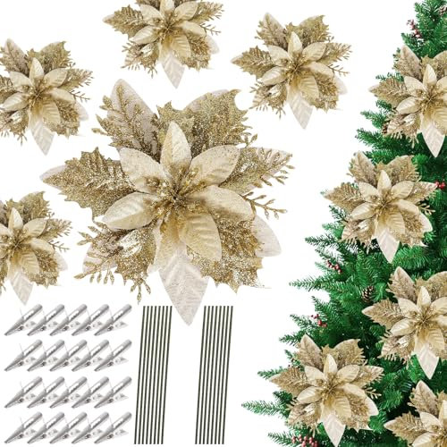 DERAYEE 12pc Weihnachten Glitter Weihnachtsstern Blumen künstliche Weihnachten Blumen mit Clips und Stiele für Weihnachtsbaum Ornamente Home Decoration (Golden)