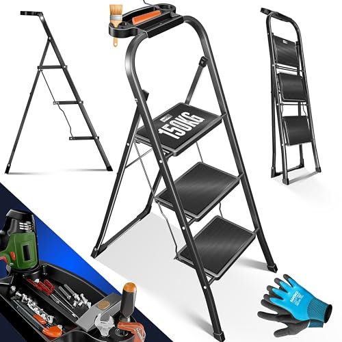 MASKO® Trittleiter Klappleiter 3 Stufen-Leiter Stufenleiter belastbar bis 150 kg | Tritthocker Anti-Rutsch | Klapptritt Leiter inkl. Handschuhe, Werkzeugablage & automatisches Schloss, Schwarz