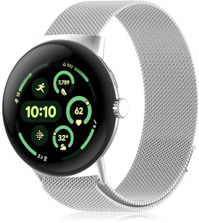 PaceBid Metal Straps for Google Pixel Watch 4/3 45mm, Stainless Steel Metal with Magnetic Closur Wristband, Milanese Loop Replacement WatchBand for Google Pixel Watch 3/4 45mm - Silver