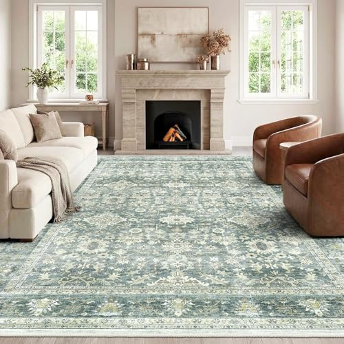 HOMFINE 300x400cm Green Vintage Washable Area Rug for Bedroom Living Room | Machine Washable Rug, Traditional Printed Design, Soft Short Pile, Non-Slip Non-Shedding