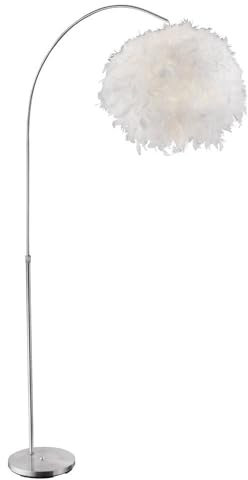 Globo Bogenleuchte mit Federn Stehlampe Wohnzimmerleuchte Stehleuchte höhenverstellbar, silber weiß, 1x E27, BxH 96x141-196 cm