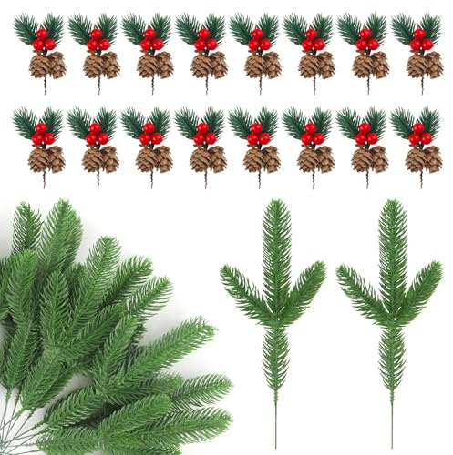 Xbessc 32 Stück Kunststoff Künstliche Tannenzweige Deko wie Echt | Tannengrün Künstlich mit Tannenzapfen Roten Beeren Weihnachten Kiefernzweige für Weihnachtskranz Geschenke Tisch Dekorieren