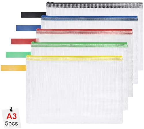 OFFCUP Dokumententasche A3, 5 Stück A3 Datei Taschen mit Reißverschluss, Wasserdichte Mesh Kunststoff Reißverschlusstasche für Datei, Papier, Dokumente, Kosmetika, Hausaufgaben und Reisezubehör
