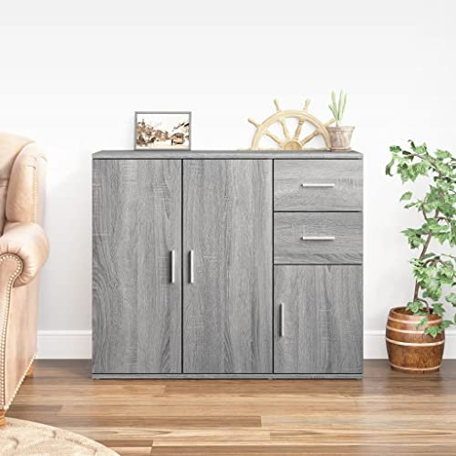 Myheimly Sideboard, Kommode mit 3 Türen 2 Schubladen, Anrichte Schrank für Wohnzimmer, Beistellschrank Mehrzweckschrank, Holzwerkstoff Sideboard Grau Sonoma