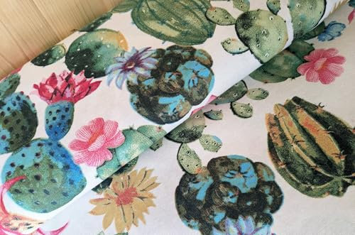 Generisch Dekostoff Meterware Kaktus - robuster Stoff Bedruckt Kakteen, Mischgewebe Blumen, Heimtextilien nähen Blüten *ab 50cm