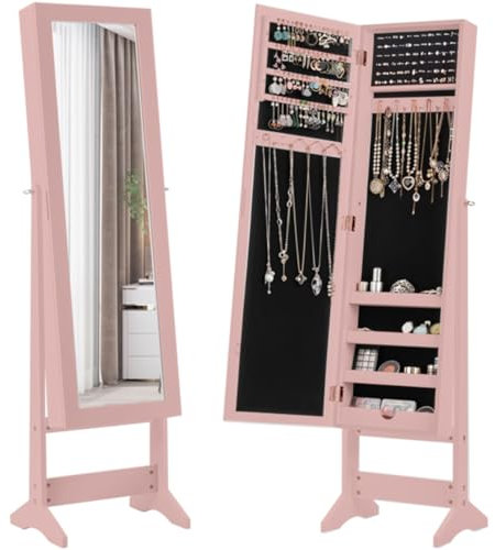 COSTWAY Schmuckschrank neigungsverstellbar, Schmuckregal mit Ganzkörperspiegel, Schmuck Spiegelschrank mit 64 Ohrringschlitzen, 20 Halskettenhaken, 72 Ringschlitzen, 4 Ablagen für Make-up (Pink)