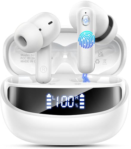 Bluetooth Kopfhörer, Kopfhörer Kabellos Bluetooth 5.4 3D HiFi Stereo, In Ear Kopfhörer mit ENC Noise Cancelling Mic, IP7 Wasserdicht Ohrhörer, 50 Std Spielzeit Kabellose Kopfhörer mit LED-Anzeige Weiß