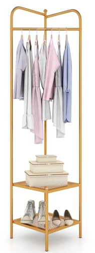 COSTWAY Porte Manteau sur Pieds, Portant a Vetement Solide avec Cintre Supérieur et 2 Étagères en Maille, Kits Anti-Basculement, Vestiaire d'Entrée, Hauteur 193,5 cm, pour Entrée, Chambre (Doré)