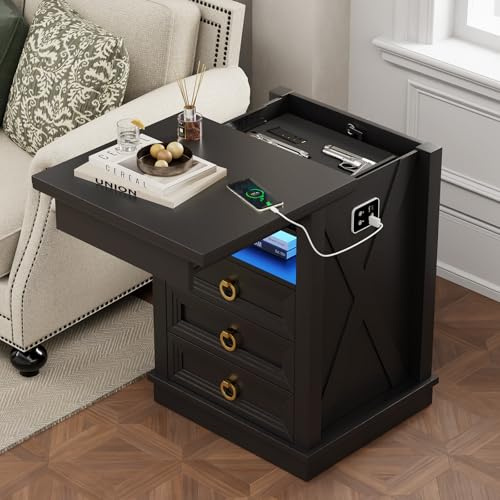 Gurexl Nachtschrank mit LED Beleuchtung - Abschließbare Schubladen,Landhausstil Nachttisch mit Ladefunktion,Bedside Table mit offene Fächer USB Type-C für Schlafzimmer,Schwarz