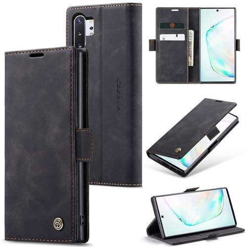 Sojlecyu Handyhülle für Samsung Galaxy Note 10 Plus hülle Premium PU Leder Cover Klapphülle Tasche Flip Case Magnet Kartenfach Ständer Schutzhülle für Samsung Galaxy Note 10 Plus, Schwarz