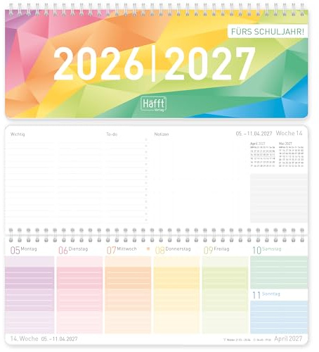 Häfft® Wochen-Tischkalender Schuljahr 2026/2027 im Quer-Format Rainbow | Wochenkalender mit 1 Woche auf 2 Seiten von August 2026 bis Juli 2027, praktischer Schreibtisch-Kalender für die Schule