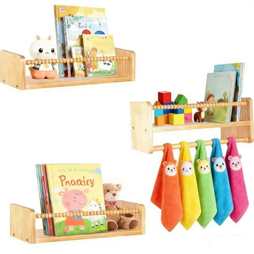 Bücherregal Kinder Wand, 60cm 3er-Set Massiv Kiefer Holz Schweberegale mit Bilderleist, Stilvolles Deko Regal für Bücher Spielzeug für Kinderzimmer Wohnzimmer Schlafzimmer Küche und Mehr (Natürlich)