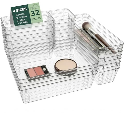 Ribech Set mit 32 Organisationsboxen für Schubladen, 4 Maße mit Anti-Rutschpunkten, stapelbare transparente Organizer für Schminkutensilien, Küche, Badezimmer und Büro