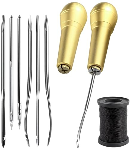 2 pezzi strumento di riparazione scarpa in pelle punteruolo,kit di strumenti di riparazione per Riparazione di Scarpe e Pelle,6 aghi + 2 manico in rame per rilegare libri