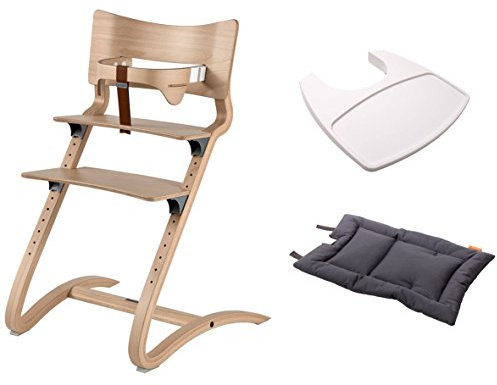 Leander Stuhl natural - Hochstuhl - Kinderstuhl - Erwachsenenstuhl mit Babybügel + Tablett weiß + Kissen dark grey