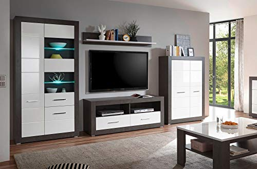 Newfurn Wohnwand Anbauwand Modern Wohnzimmerschrank Wohnlandschaft Mediawand Fernsehschrank II 350x198x 34-45 cm (BxHxT) II [Justus.Two Compact] in Beton dunkel/Weiß Hochglanz Wohnzimmer