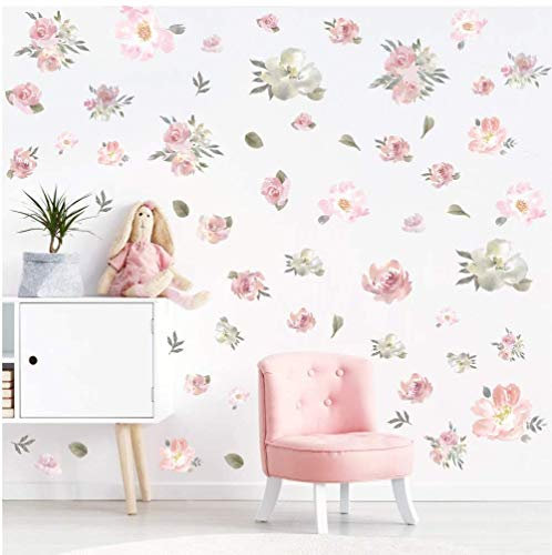 56 Pezzi Acquerello Adesivo murale Fiori Rosa,Rose Fiore Adesivi da Parete per Stanza Delle Ragazze,Romantico Peonia Fiore Sticker Murali per Camerette Bambini Soggiorno Asilo Nido Festa Decorazioni