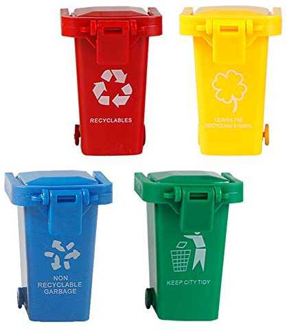 Egurs 4 Stück Mini Bunt Mülleimer Set Tisch Mülltonne Klein Müllbehälter Spielzeug für Kinder ?Rot, Blau, Grün, Blau?