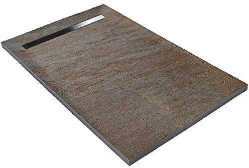 Receveur de douche caniveau en pierre naturelle - cuprus + natte étanche + siphon ultra plat - 90 x 90 cm