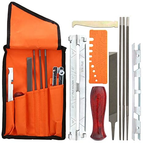 Sägeketten Feilen Set Schärfset Schärfen Kettensägen Schärffeilen Kit Enthält Rundfeile,Schärfführungen,Tiefenmesser,Flache Feile,Leichte Feldtasche