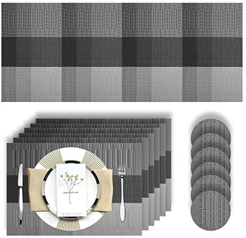 HEYOMART Placemats Table Mats 13 Piece Set with 6 x Placemats + 6 x Coasters + 1 x Long Table Mat Anti Slip Place Mats and Coaster Sets for Home & Restaurant, Grey & Black