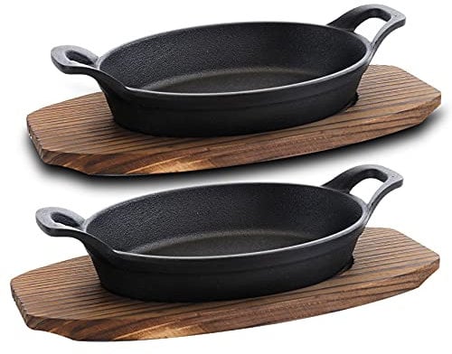Bruntmor Mini Cast Iron Sizzler Plates Skillet Set Of 4. Oval Fajita Plate With Wooden Base/Pan Tray Serving Sizzling Dish And Fajitas, Hot Steak Skillet Dish Without Sinking (2 Sets)