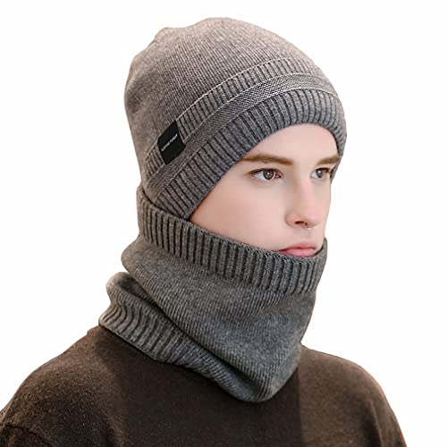Sleeping forest Loopschal Warm Beanie Wintermütze Strickmütze Winter Beanie Hat Scarf and Gloves 2pcs Set Schal Strickschal mit Dick Mütze und Schal Fleecefutter Set für Damen und Herren Grau
