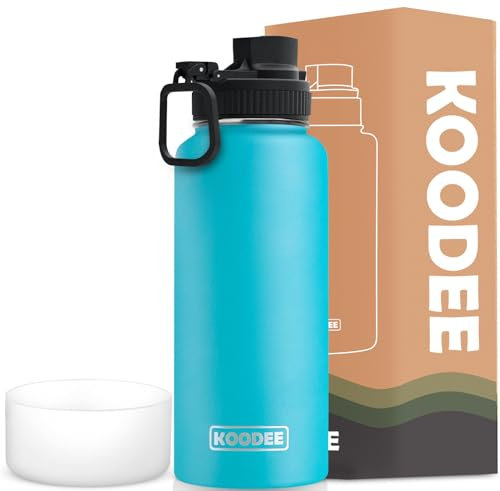 koodee Insulated Water Bottle, 32 oz Stainless Steel Double Wall Vacuum Wide Mouth Sport Bottle with Leakproof Spout Lid (Sky Blue)